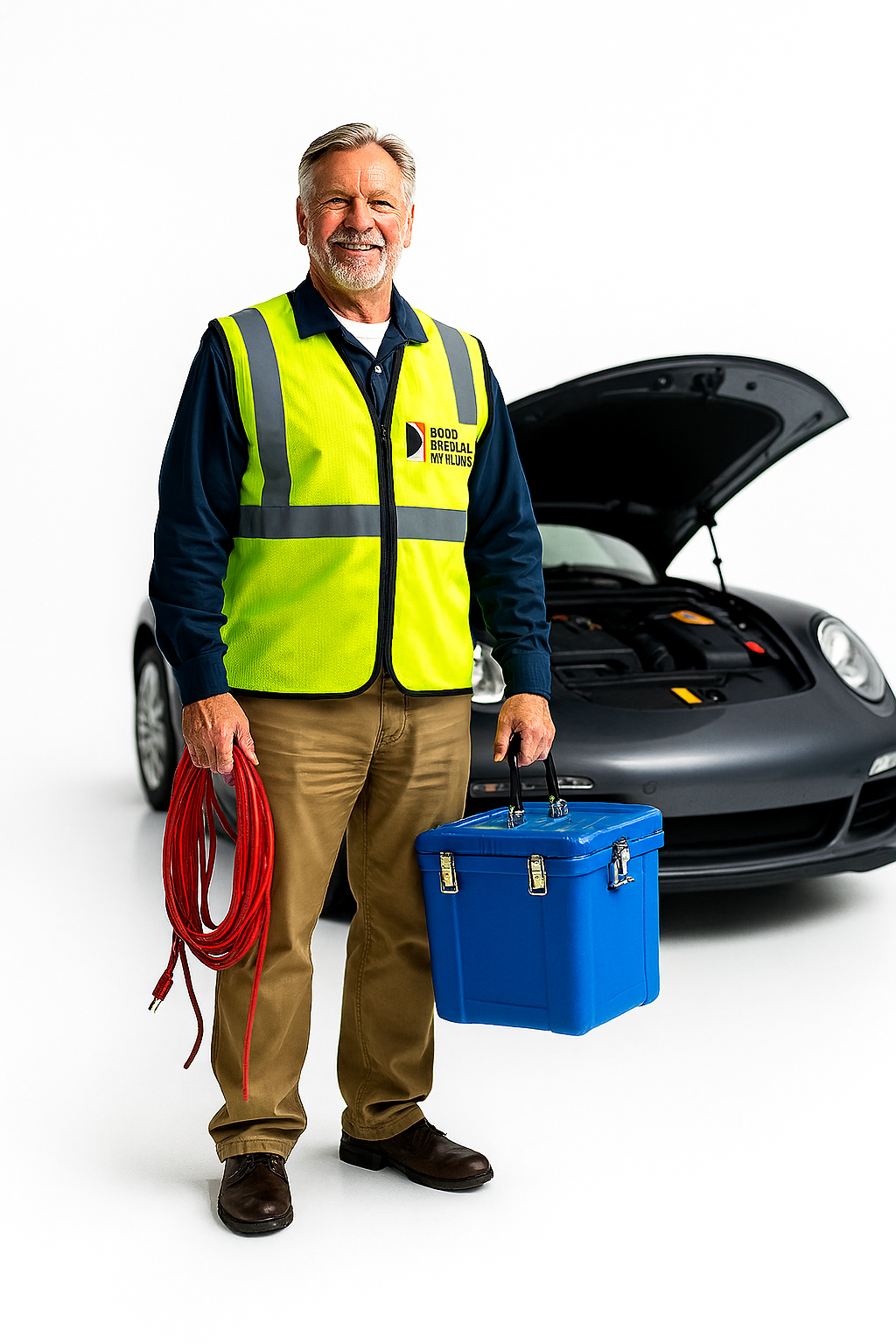 A smiling roadside assistance worker in a yellow safety vest stands in front of a car with an open hood, holding red jumper cables and a blue toolbox.