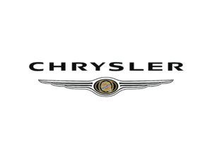 Chrysler logo featuring the word CHRYSLER in bold black letters above a silver winged emblem with a circular golden center on a light gray background.