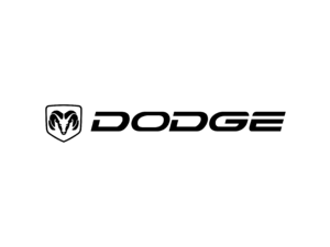 Black and white Dodge logo with a stylized ram’s head inside a shield to the left of the bold, uppercase word DODGE.