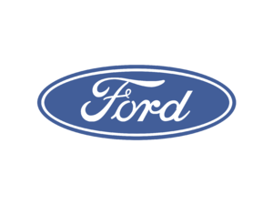 The image shows the Ford logo: the word Ford in white cursive script inside a blue oval with a white outline, on a light gray background.