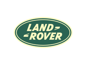 The image shows the Land Rover logo, featuring the words LAND ROVER in bold, cream-colored letters inside a green oval with a cream border.