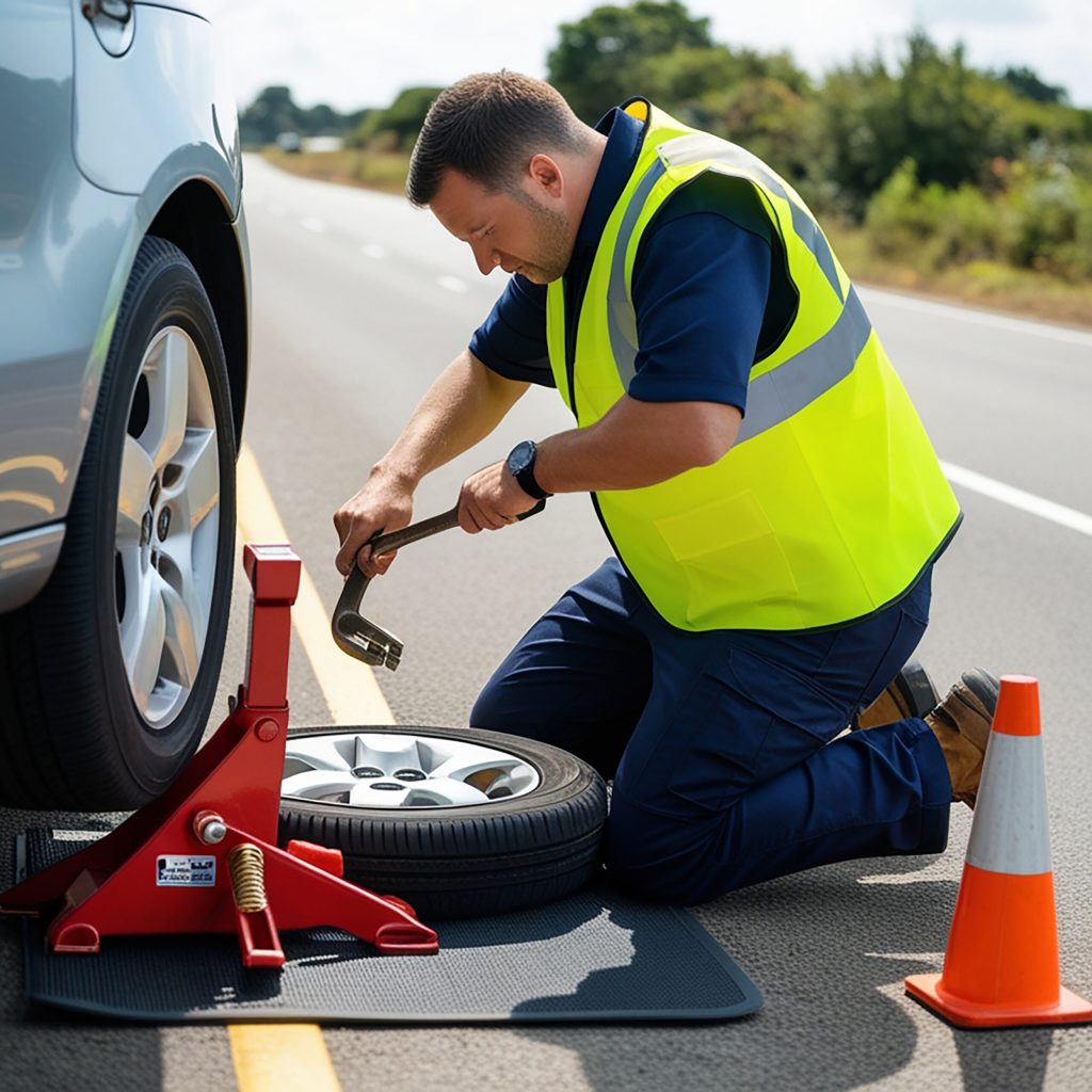 a man on the side of the road changing a tire