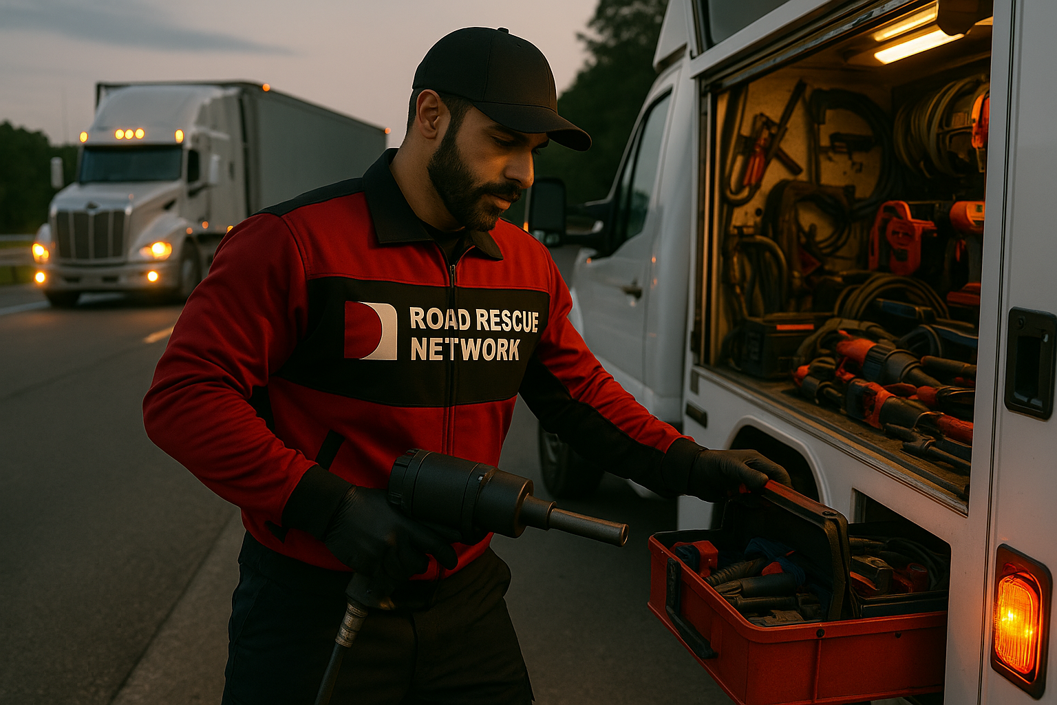 A roadside assistance worker in a Road Rescue Network uniform retrieves tools from a van compartment, with a semi-truck parked nearby on the highway at dusk.