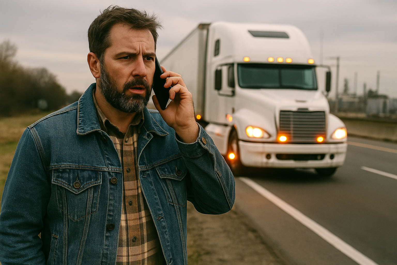 A concerned man in a denim jacket talks on his phone while standing beside a white semi-truck with its lights on, parked on the shoulder of a highway. The sky is overcast.
