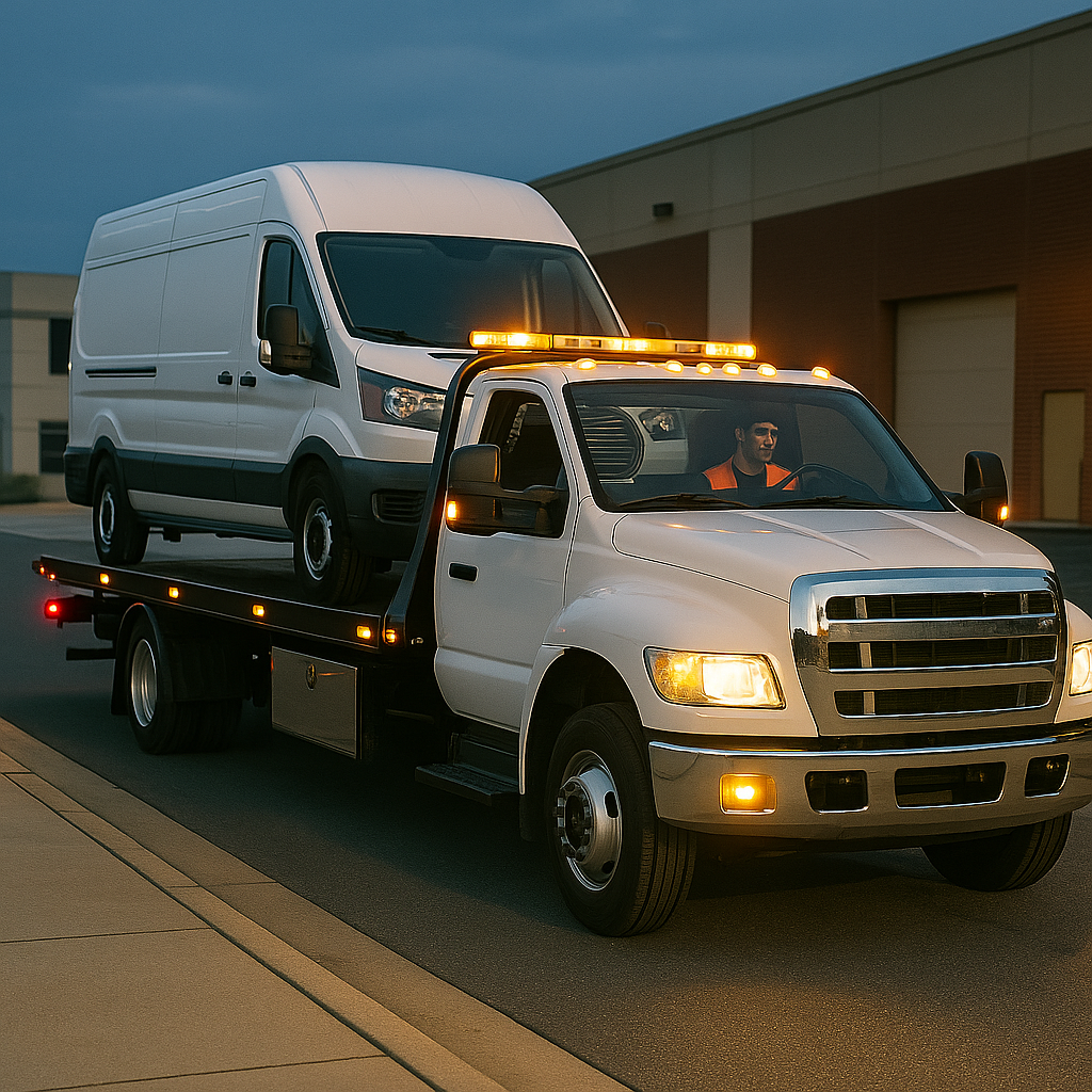 Medium-duty tow truck towing a cargo van or small box truck in an industrial or commercial area.