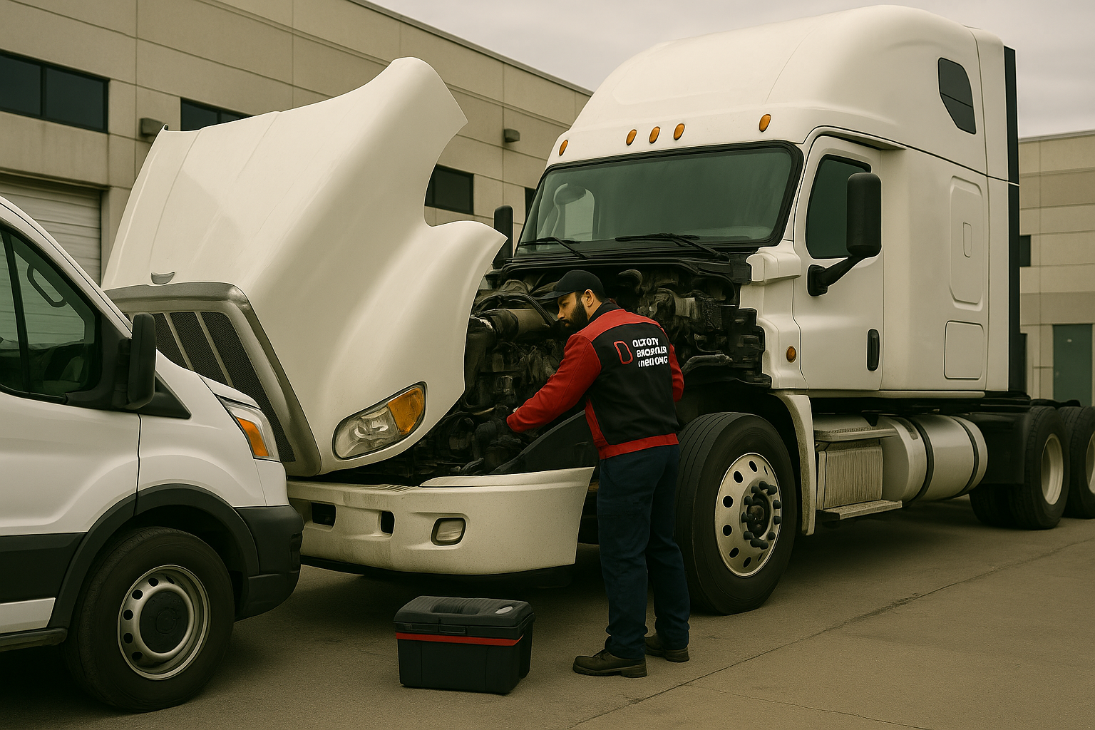 A mechanic in a red and black uniform works on the engine of a white semi-truck with its hood open, parked next to a white van in an industrial area. A toolbox sits on the ground beside him.