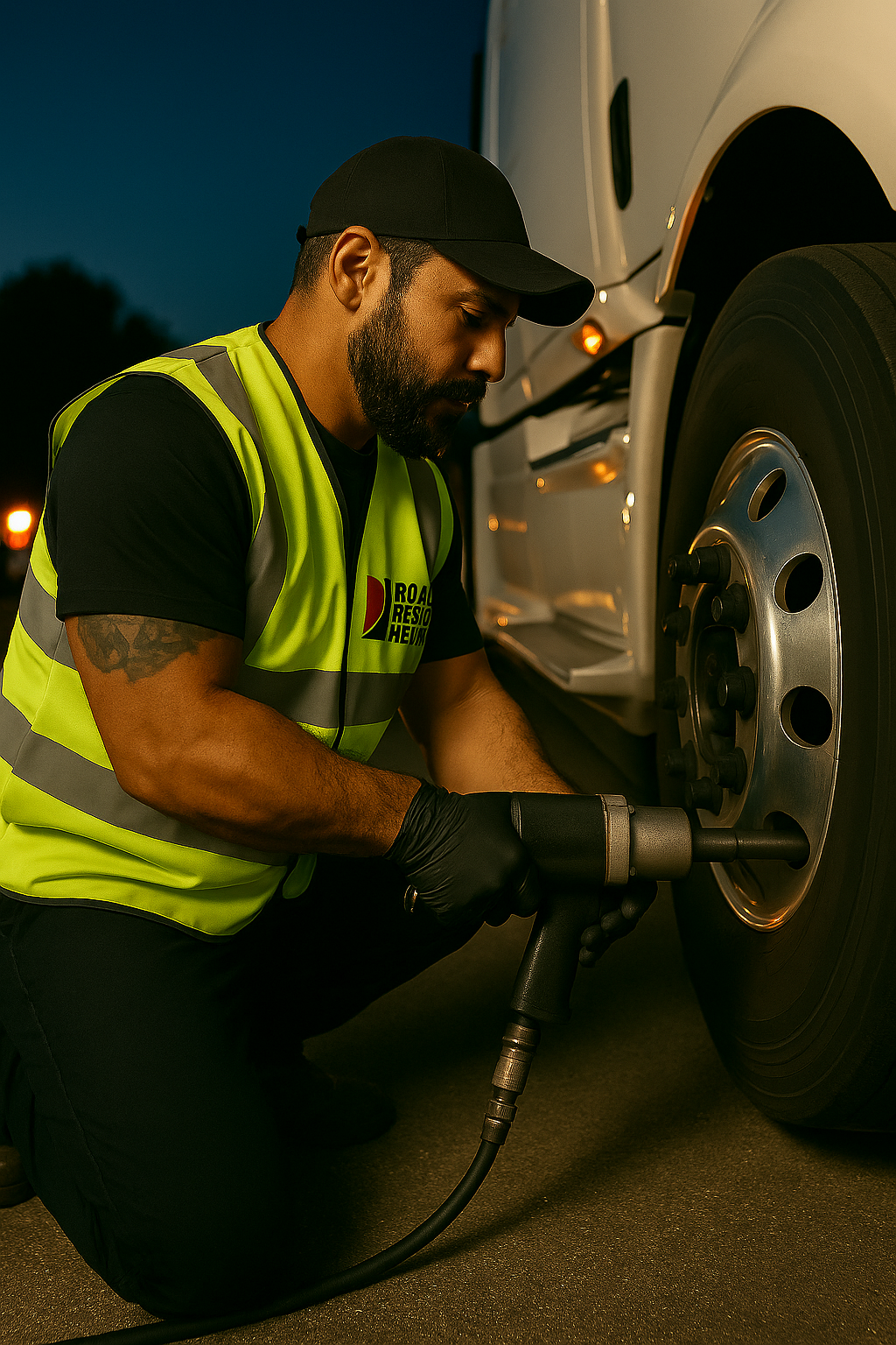 A man in a high-visibility vest and black cap uses a power tool to tighten lug nuts on a truck wheel at dusk. He is kneeling on the ground, focused on the task.