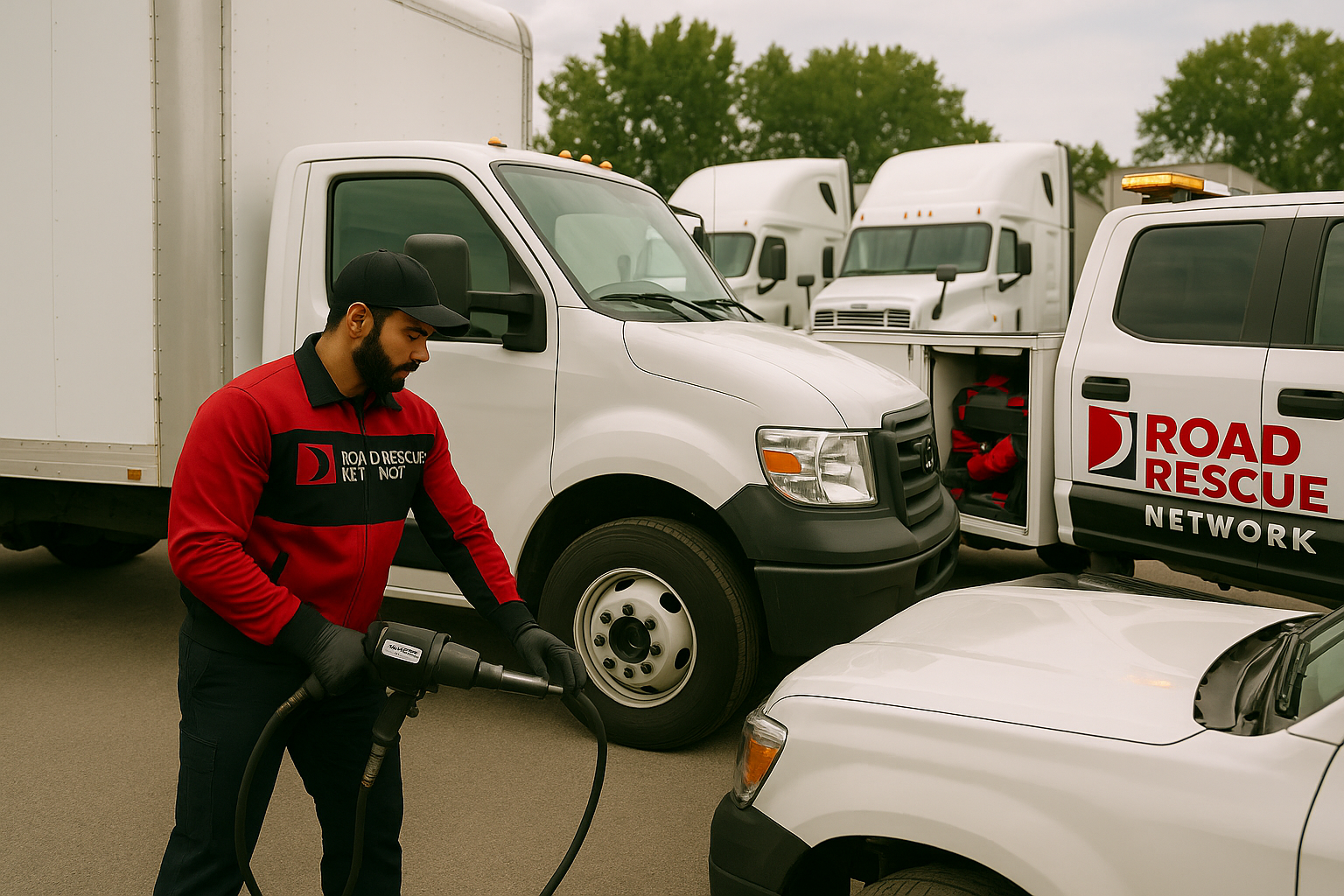 A man in a red Road Rescue Network uniform jump-starts a white vehicle using cables in a parking lot, with multiple trucks and service vehicles in the background.