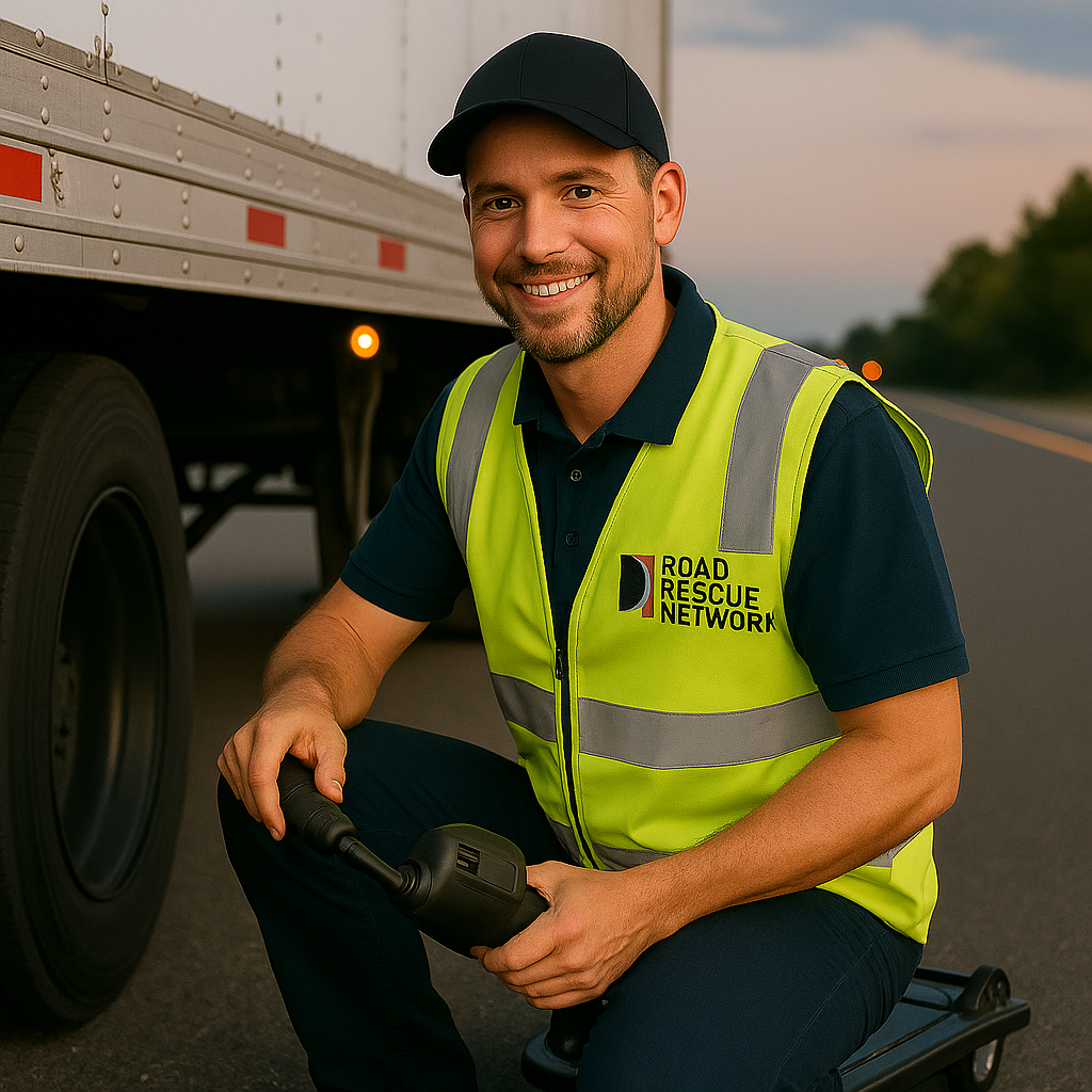 A smiling man in a cap and high-visibility vest labeled Road Rescue Network kneels beside a truck on a road, holding a tool, with trees and sky in the background.
