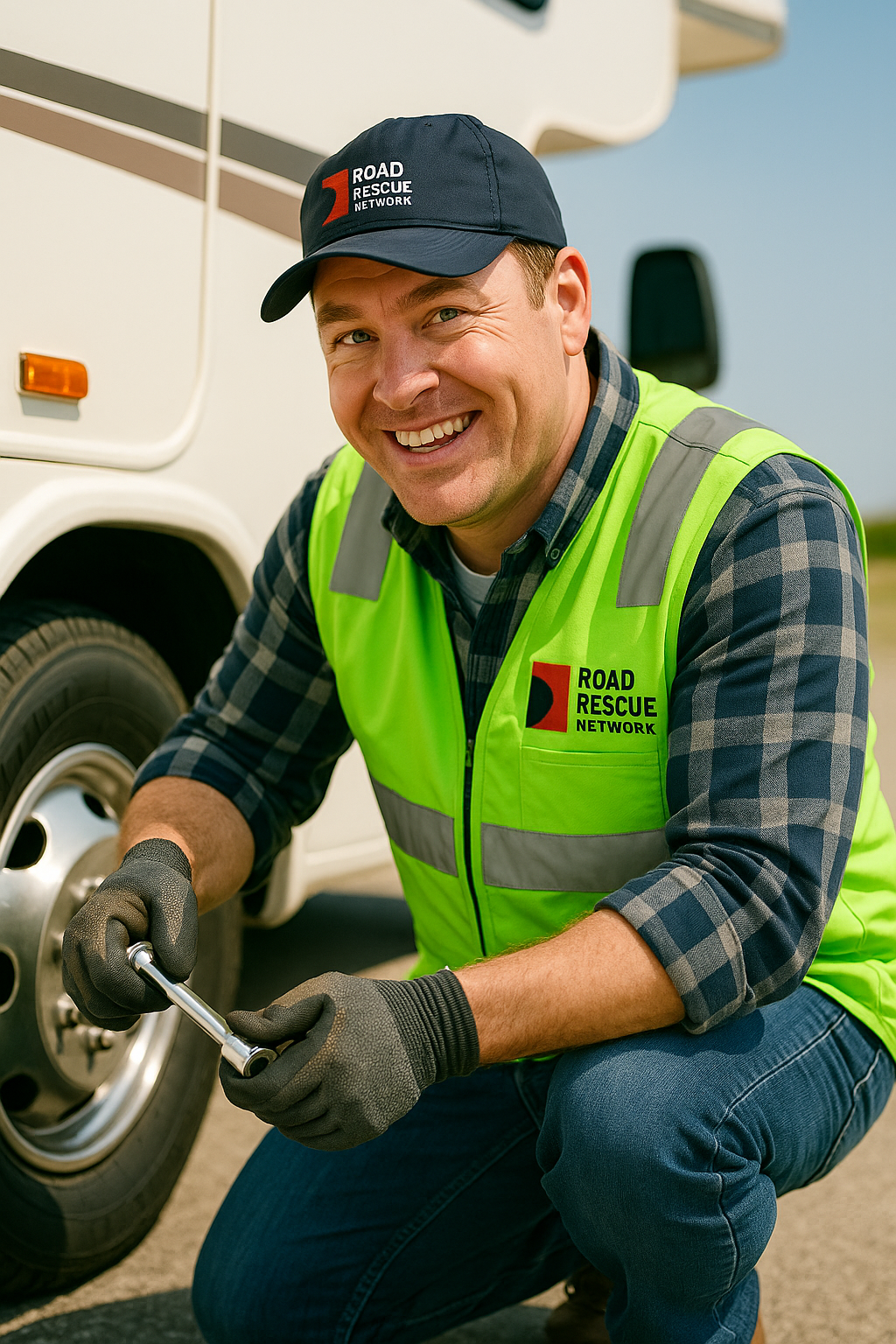 A smiling roadside assistance worker in a safety vest and gloves kneels beside a vehicle with a wrench, ready to help. The worker wears a Road Rescue Network branded hat and vest.