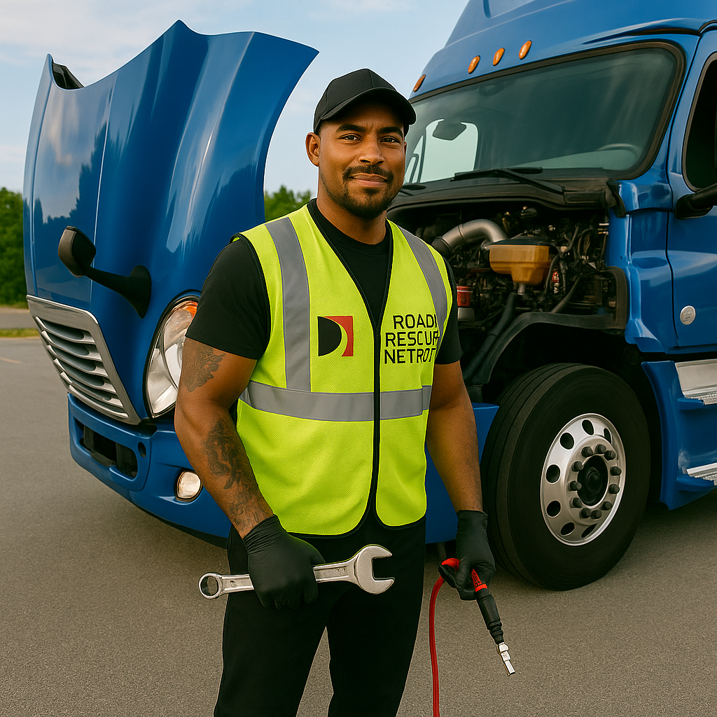 A mechanic in a safety vest stands in front of a blue semi-truck with the hood open, holding a large wrench and an air tool, ready to work on the engine.