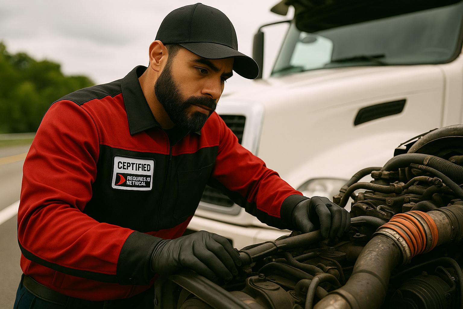 A mechanic in a red and black uniform and black gloves inspects an engine on a roadside, with a white truck and green trees in the background.