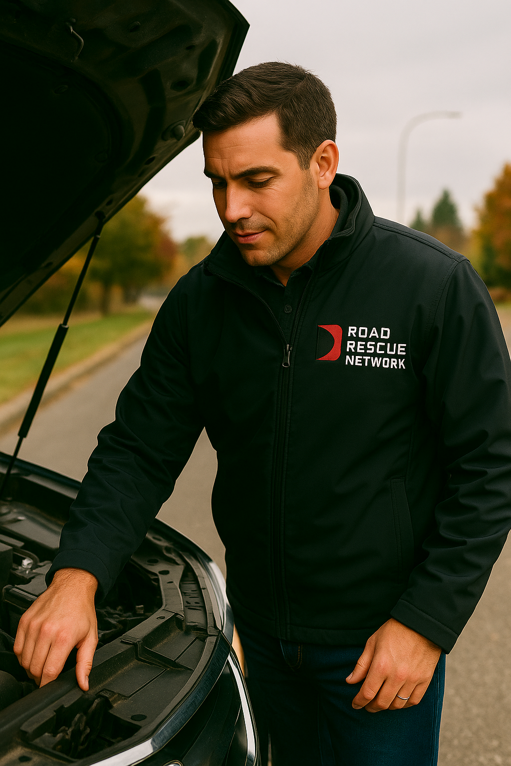 Rescuer checking under the hood of a vehicle.