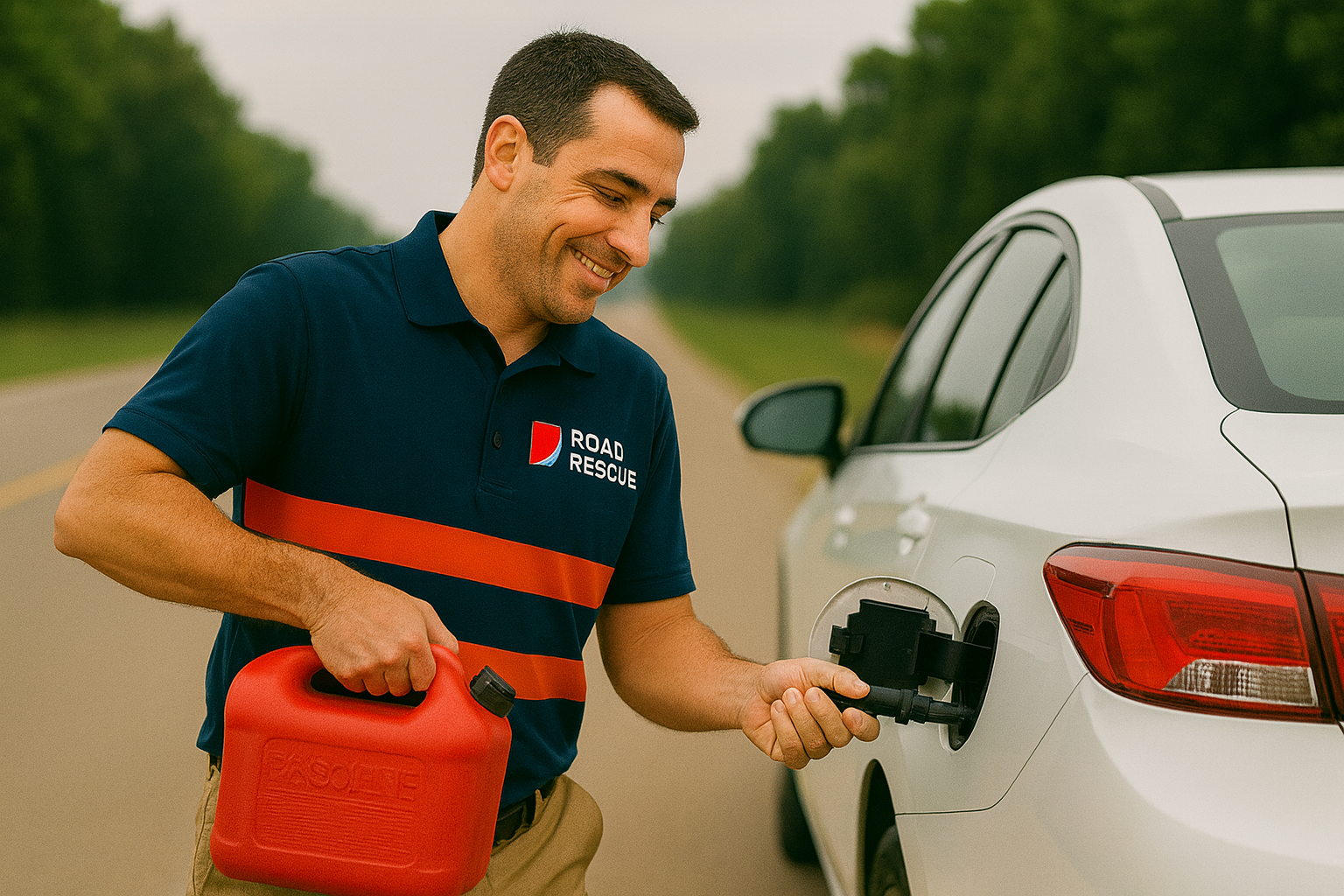 Rescuer adding gas to a car