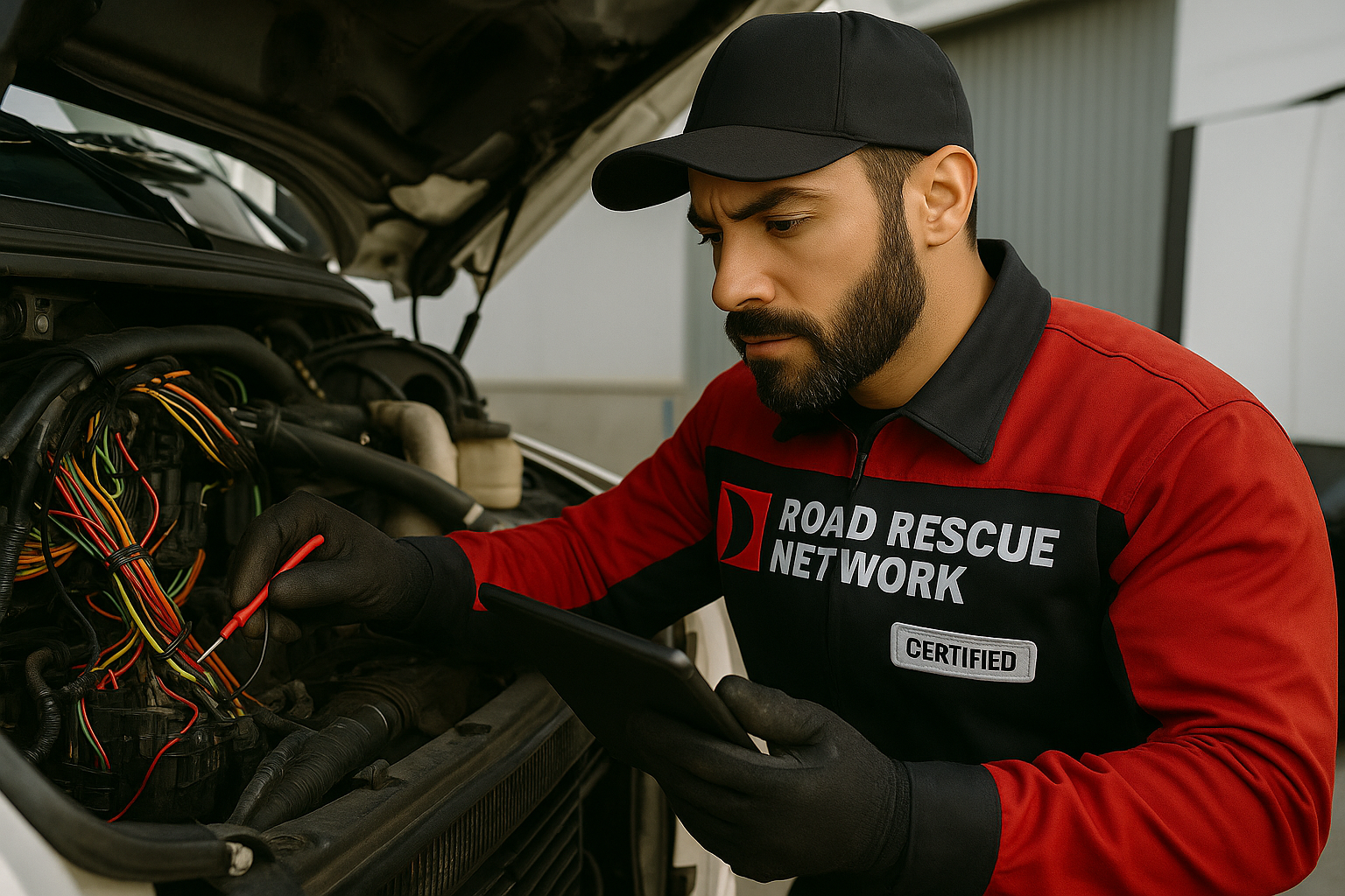 A mechanic in a red and black Road Rescue Network uniform inspects a car engine with a tool in one hand and a tablet in the other, focused on diagnosing the issue.