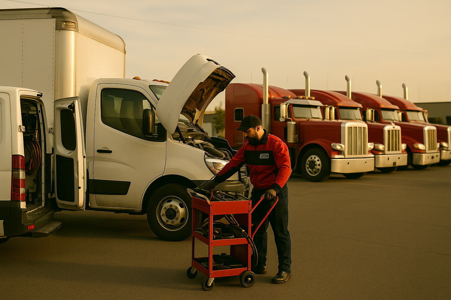 A mechanic in a red uniform works beside a white van with its hood open, using a tool cart. Several red semi-trucks are parked in a row in the background. The scene is set outdoors in warm evening light.