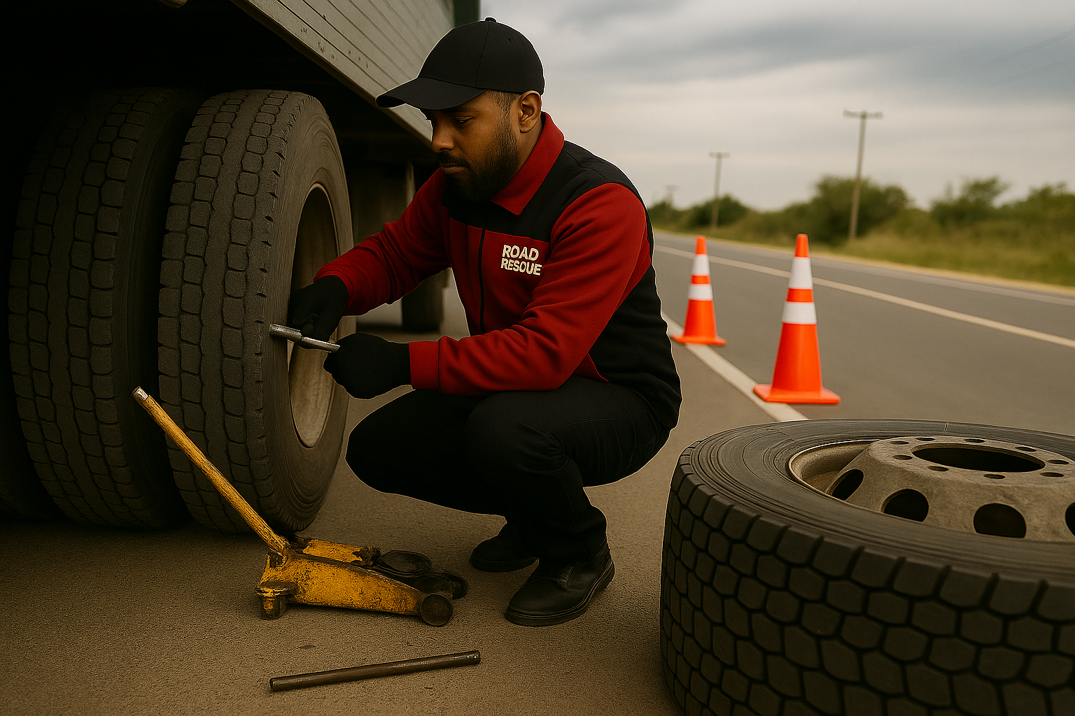 A roadside assistance worker in uniform kneels beside a large truck, using a tool to work on a wheel. An extra tire, jack, and traffic cones are visible on the road, with greenery and power lines in the background.