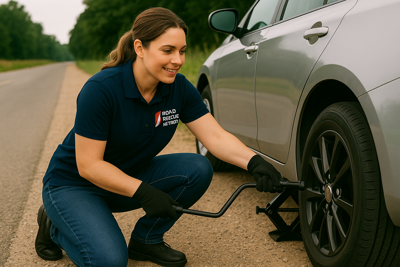 Female rescuer changing a tire on the side of the road