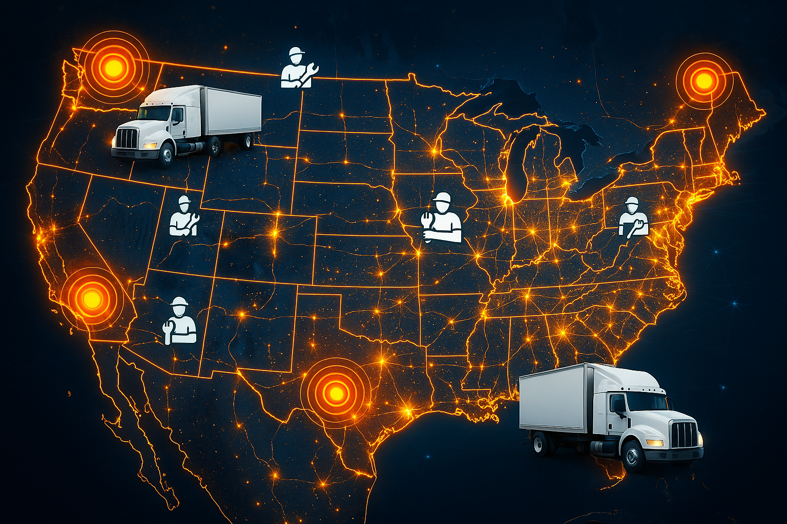 A digital map of the United States with glowing network lines, showing trucks, worker icons, and large orange target markers in various regions, representing a nationwide distribution or logistics network.