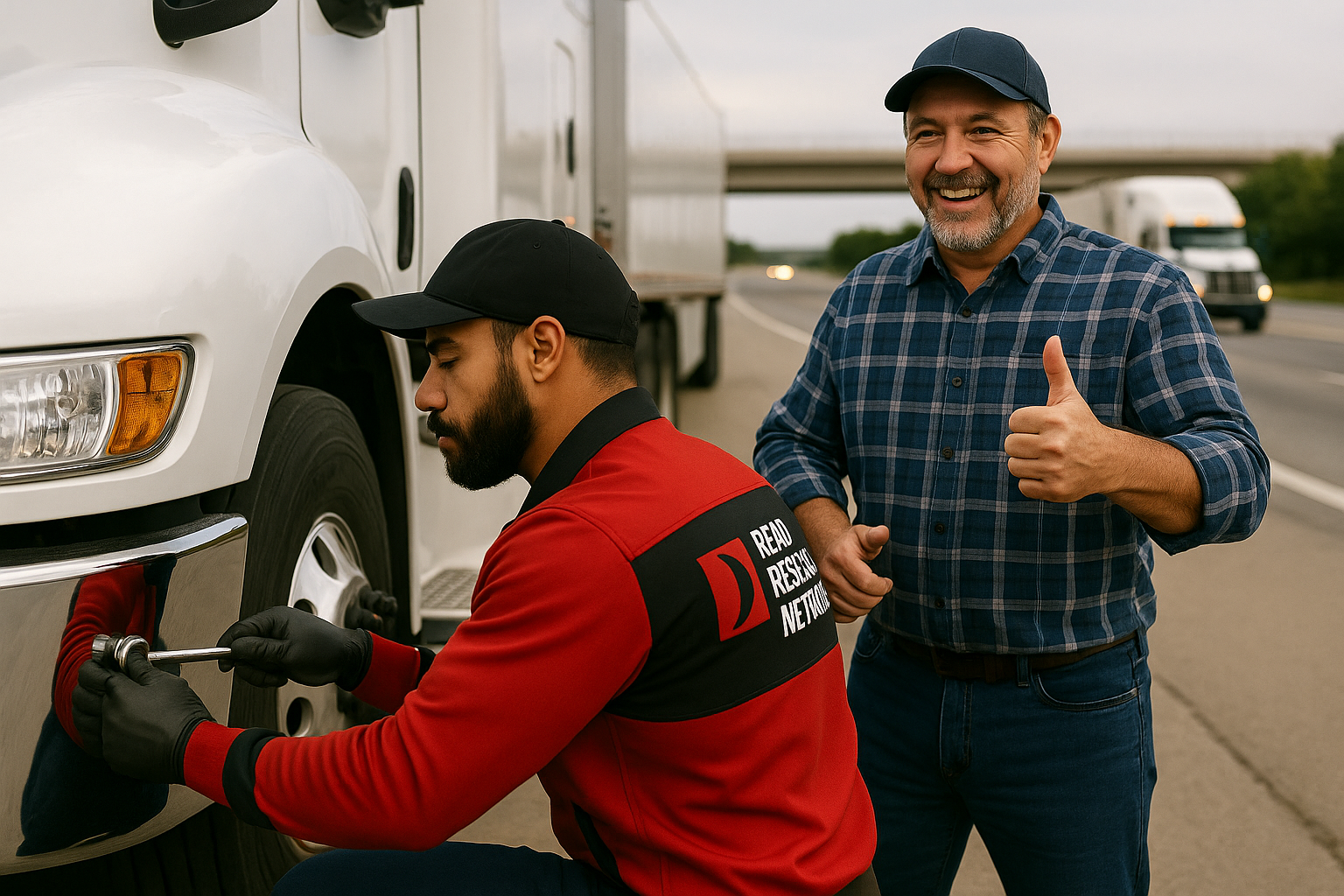 A mechanic in a red uniform fixes a truck tire on the roadside while a smiling man in a blue cap and plaid shirt stands nearby giving a thumbs up. A highway and another truck are visible in the background.