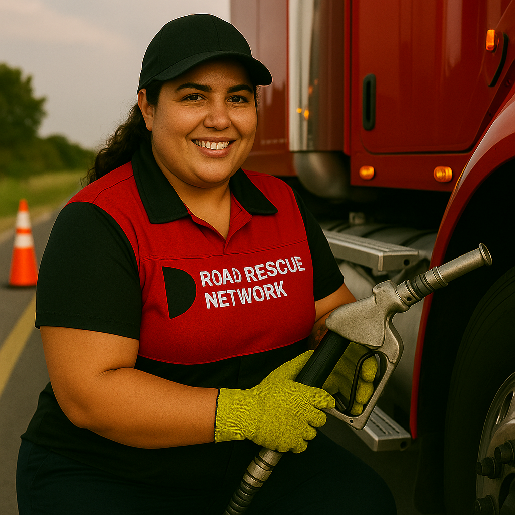 Female rescuer delivering fuel to a semi truck.