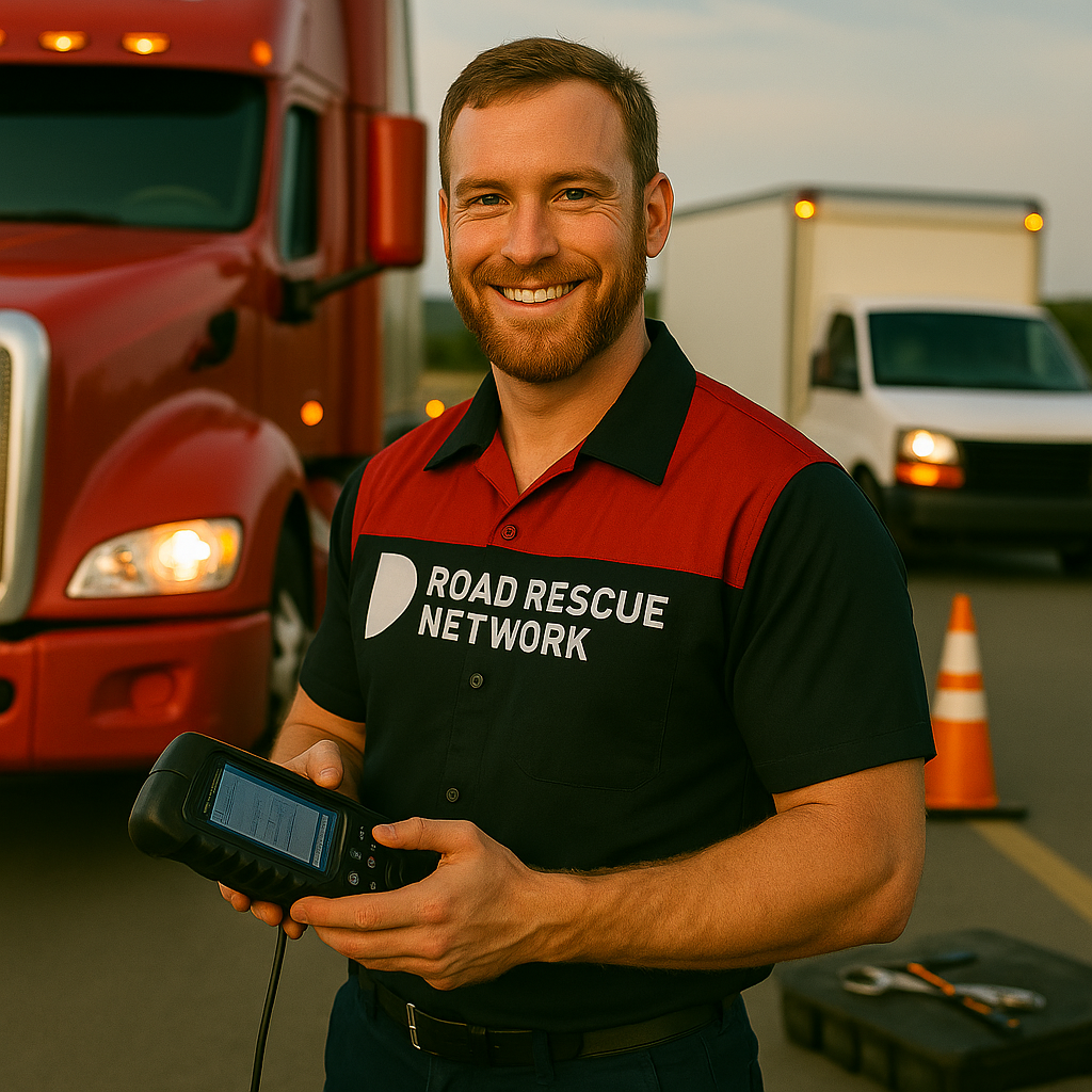 Mechanic crouched by semi truck wheel well, repairing air brake components, safety cones set up nearby.