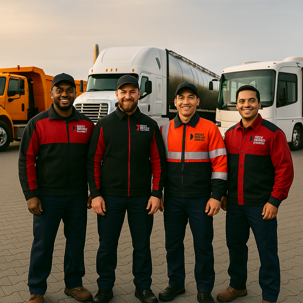 Four smiling men in work uniforms stand side by side in front of large utility and service trucks, posing outdoors on a paved lot under a cloudy sky.
