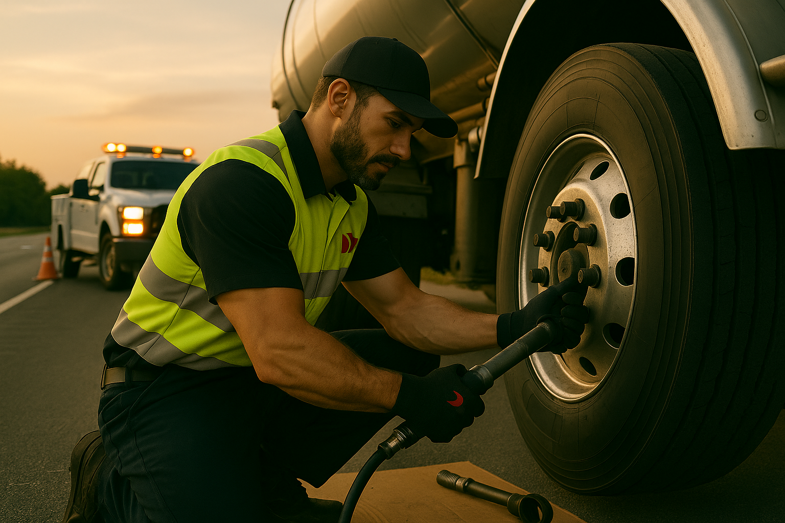A roadside worker in a safety vest and gloves uses a power tool to tighten bolts on a large truck tire, with a service vehicle and traffic cone visible in the background at sunset.