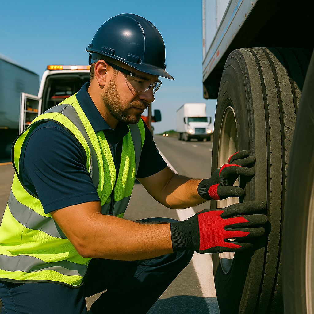 A worker in a reflective vest and gloves inspects or changes a truck tire on the side of a road.