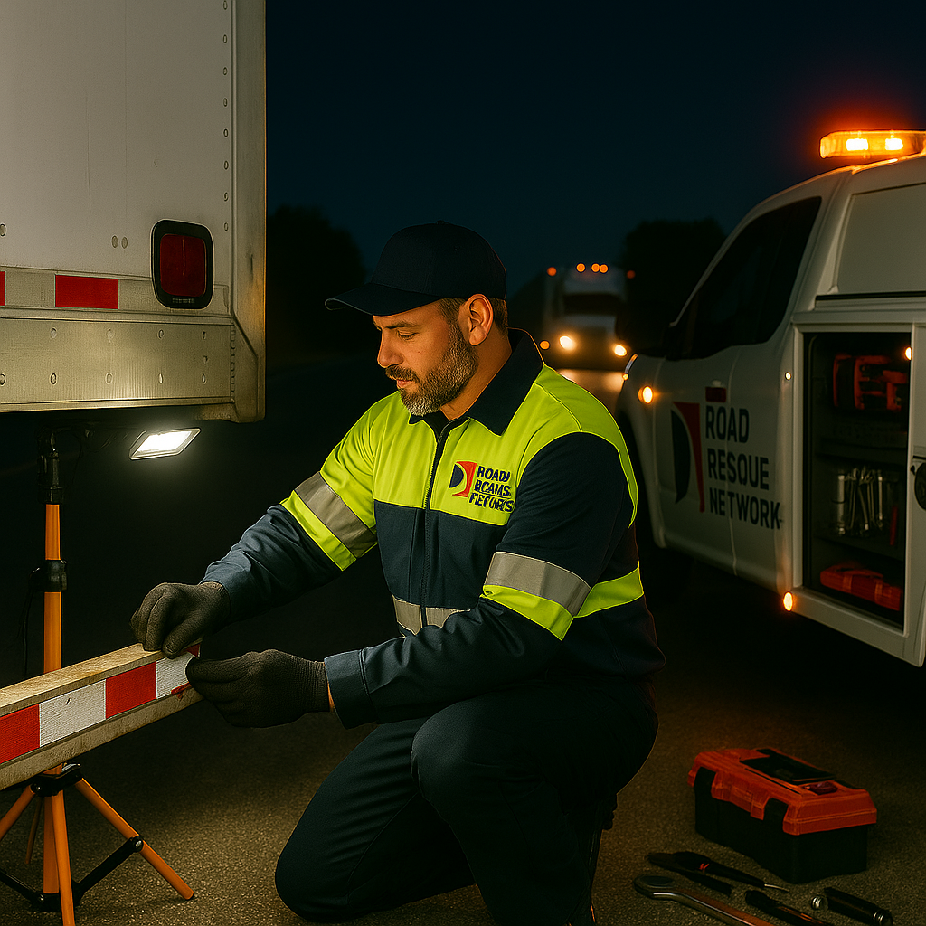 A roadside assistance worker in uniform kneels beside a truck at night, attaching reflective safety markers.