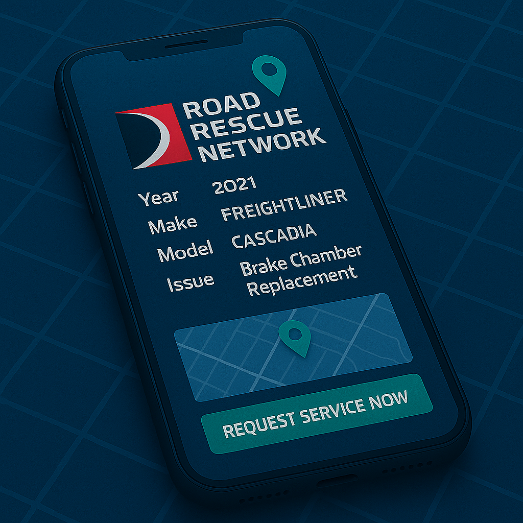 A smartphone screen displays a service request for a 2021 Freightliner Cascadia needing brake chamber replacement via the Road Rescue Network app. A blue background with map and Request Service Now button are visible.