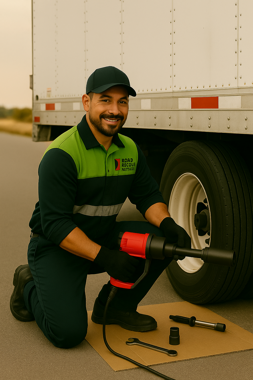 A Road Rescue Network worker performs service on a commercial vehicle.
