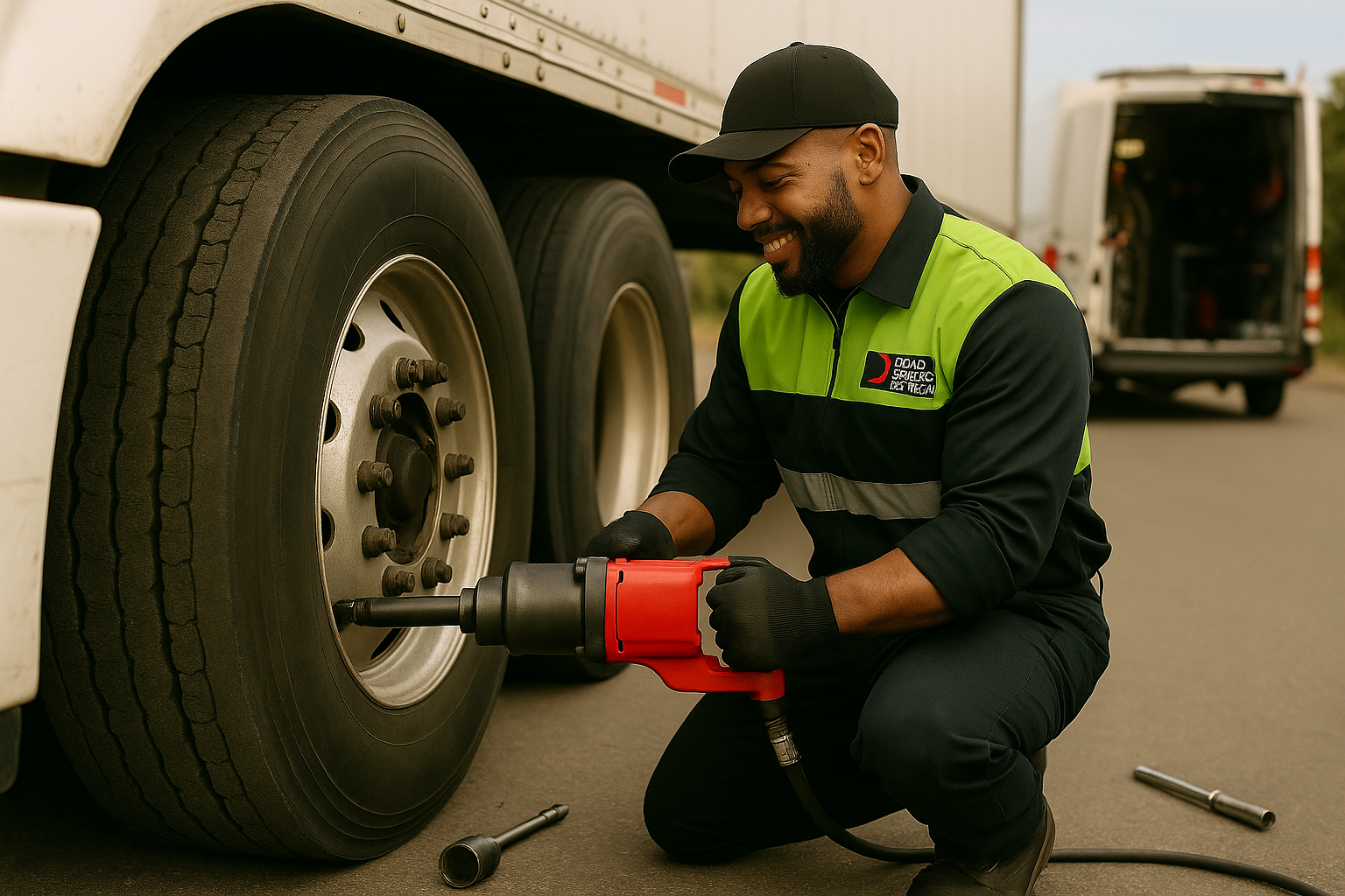 A smiling mechanic in a green and navy uniform uses a red power tool to remove lug nuts from a large truck tire on a roadside, with a service van in the background.