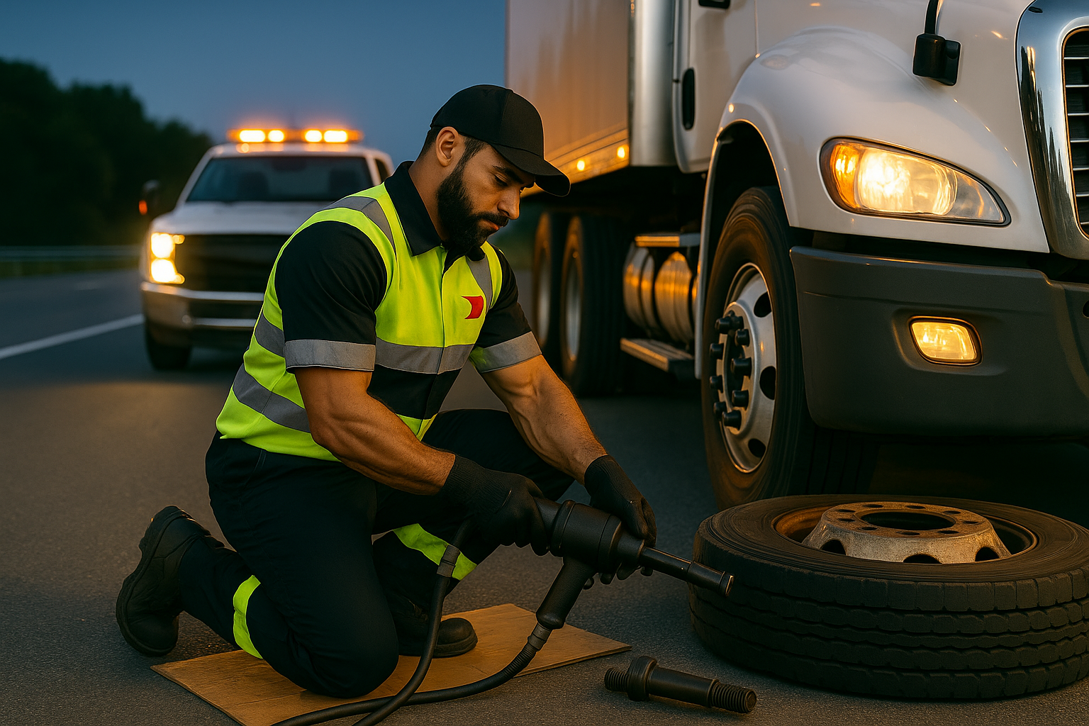 Mobile trailer mechanic performing tire repair on a semi truck
