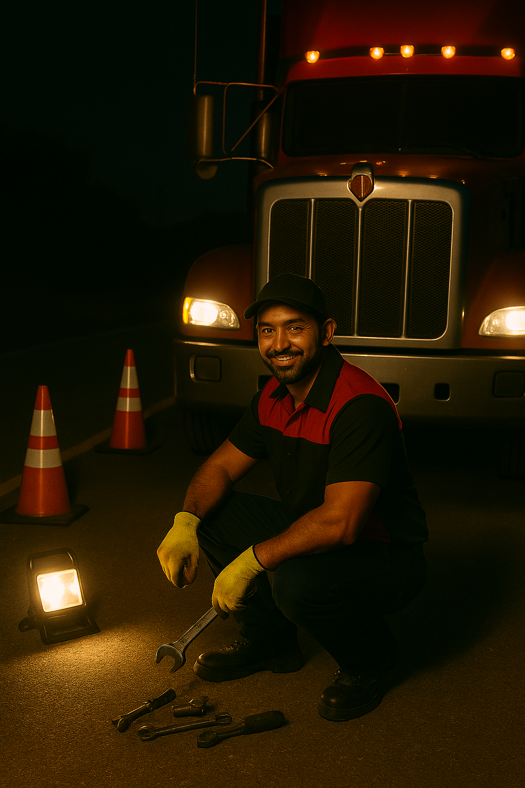 Mobile diesel mechanic posing in front of a peterbilt truck.