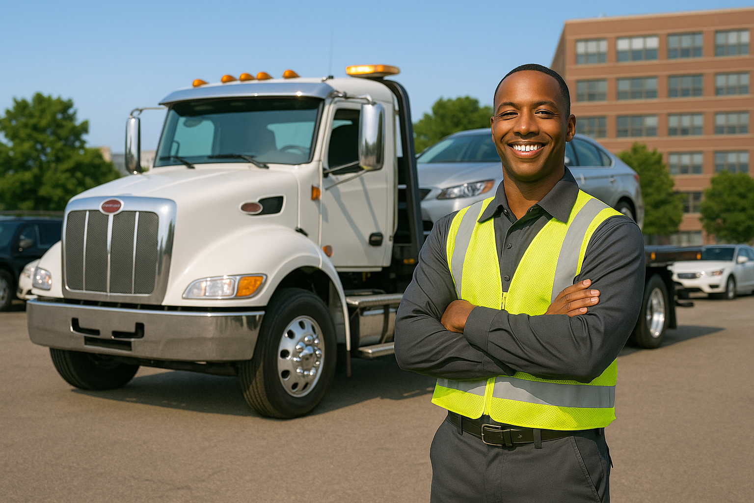 A smiling tow truck driver in a yellow safety vest stands with arms crossed in front of a white tow truck carrying a silver car, with a building and parked cars in the background.