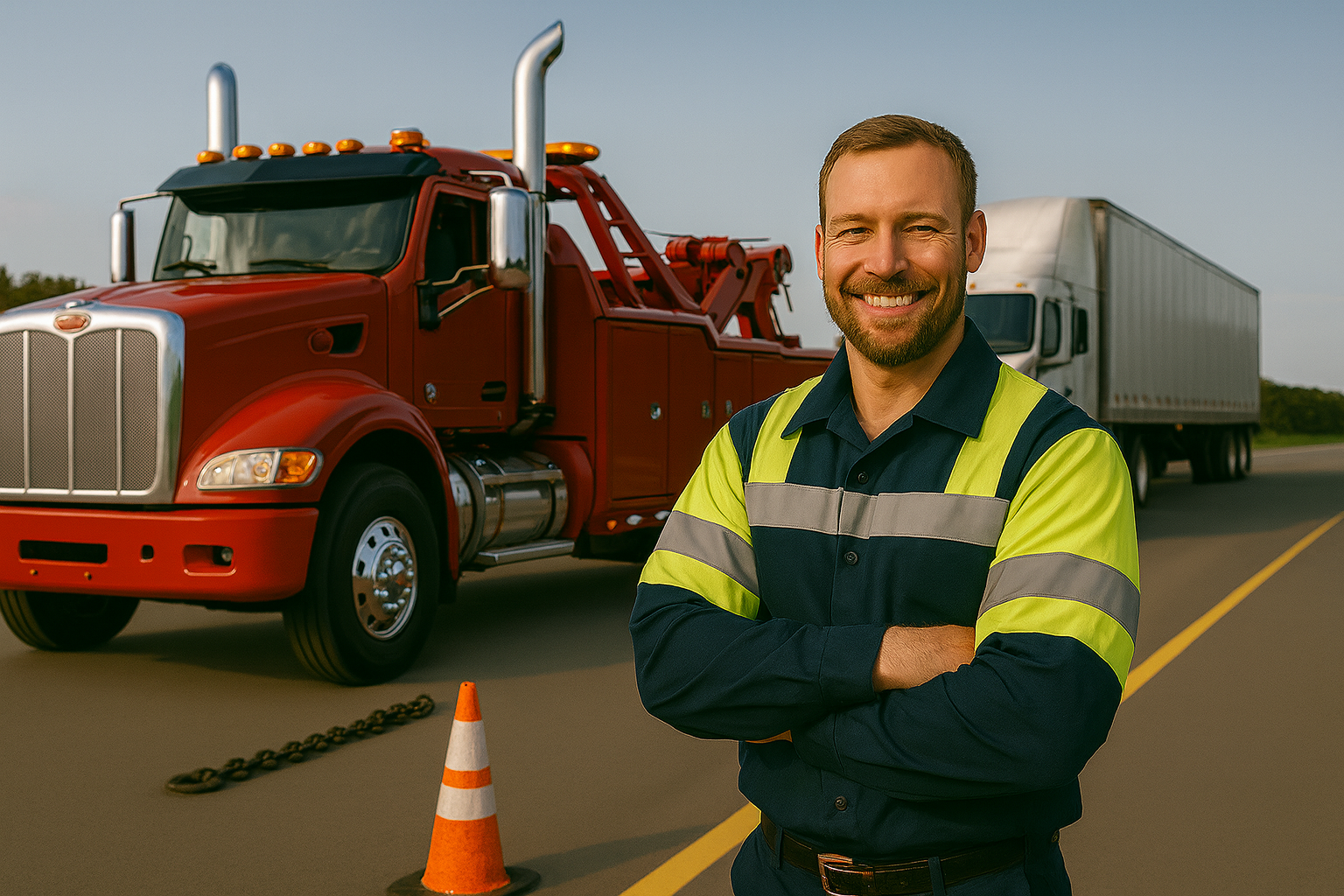 A smiling tow truck operator in a reflective uniform stands on a road beside a red tow truck and an orange safety cone, with a white semi-truck in the background.