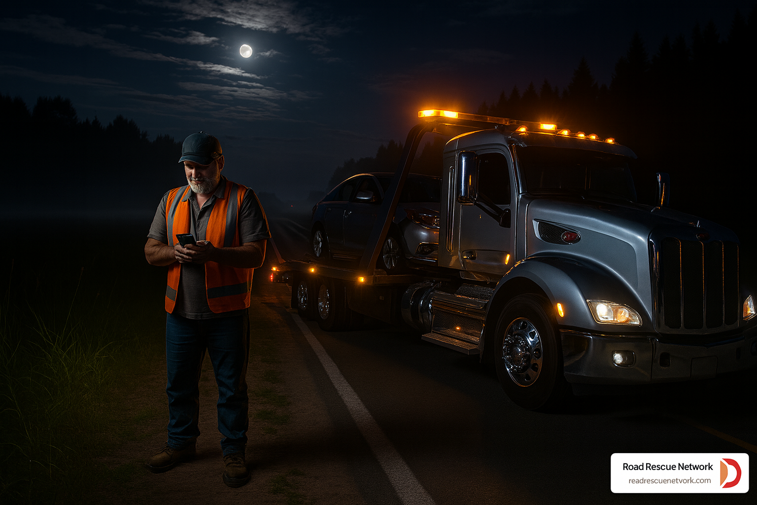 A tow truck driver in a reflective vest stands by a flatbed tow truck carrying a car at night under a full moon. The driver looks at a phone, and the truck’s lights are on. Road Rescue Network logo is visible.