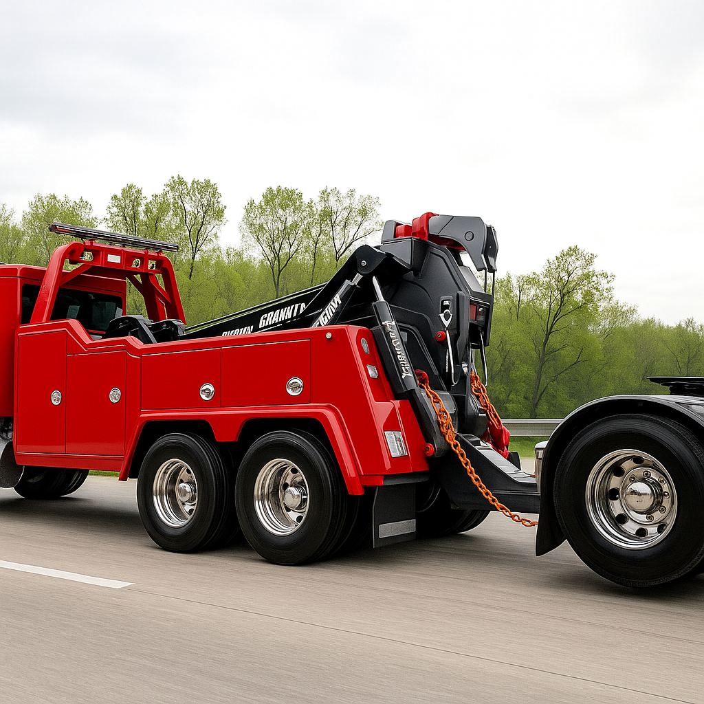 Red tow truck on highway