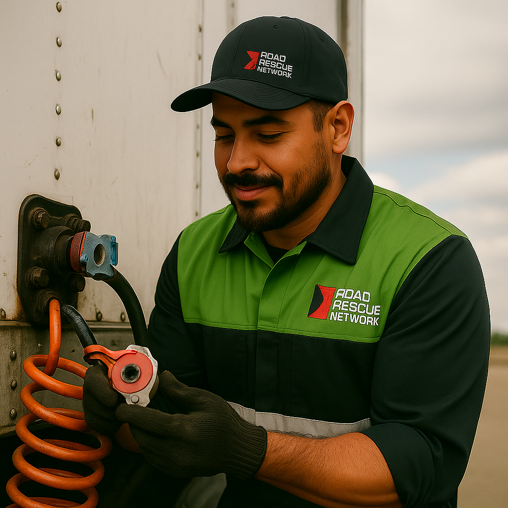 A smiling mechanic in a green and black Road Rescue Network uniform and cap is delivering expert roadside assistance, connecting an air hose to a truck while working outdoors under a cloudy sky.
