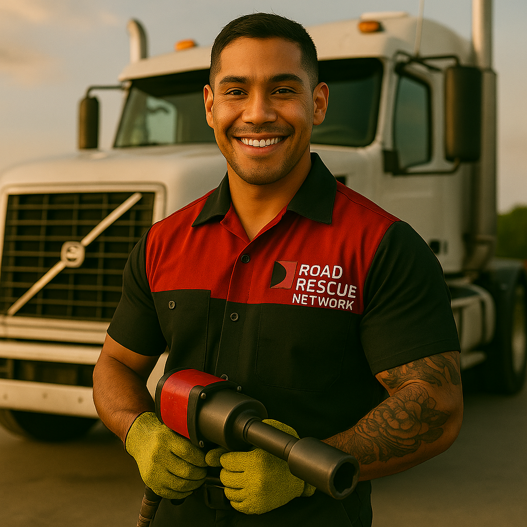 A smiling mechanic in a red and black Road Rescue Network uniform and gloves stands in front of a large white truck, holding a pneumatic impact wrench, ready to provide expert roadside assistance.