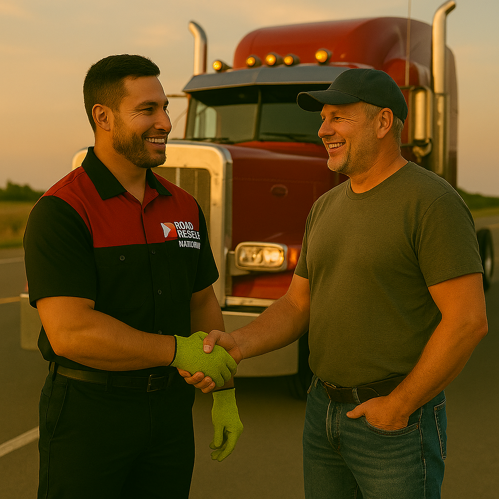 Two men shaking hands by truck