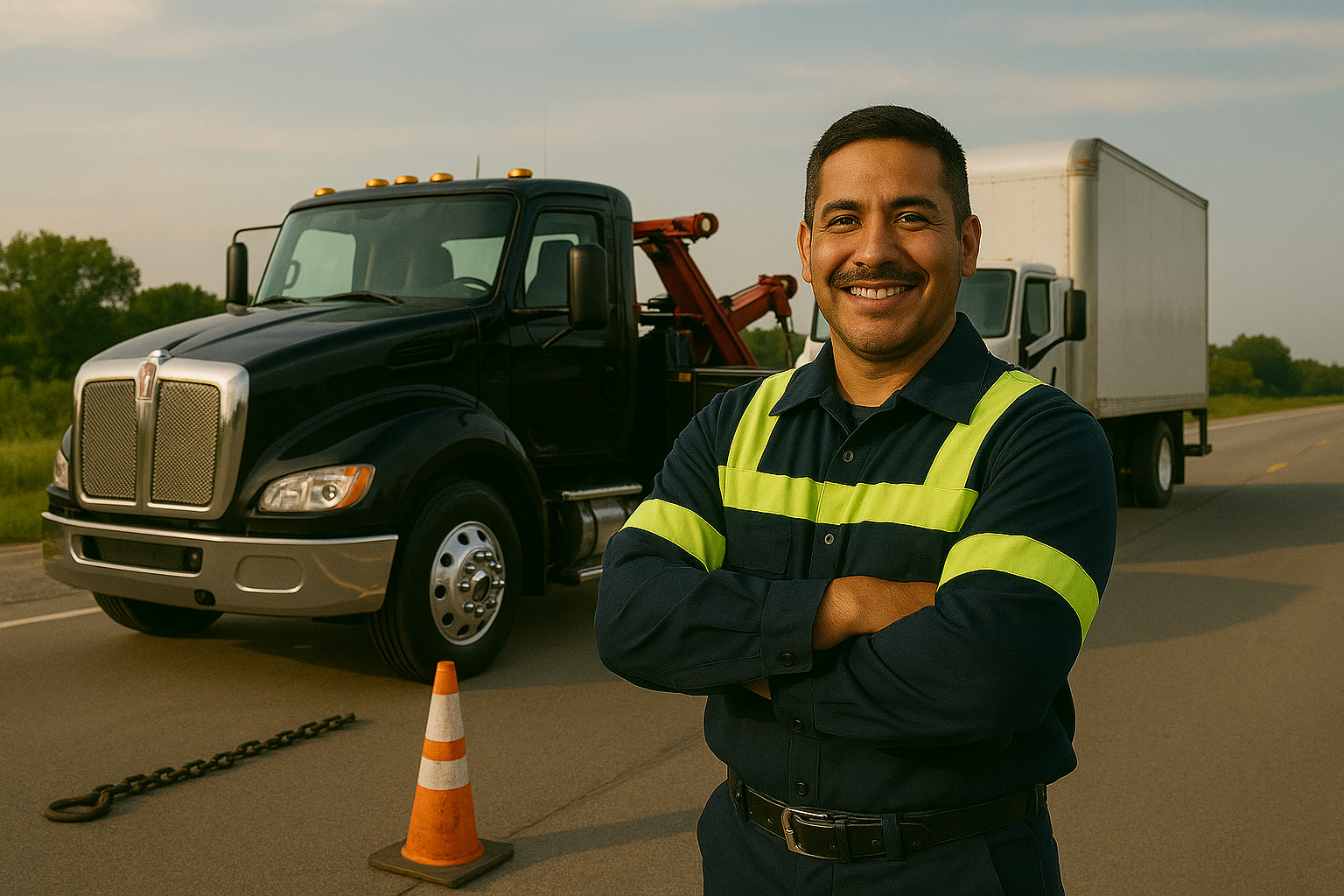 Tow truck driver on roadside.
