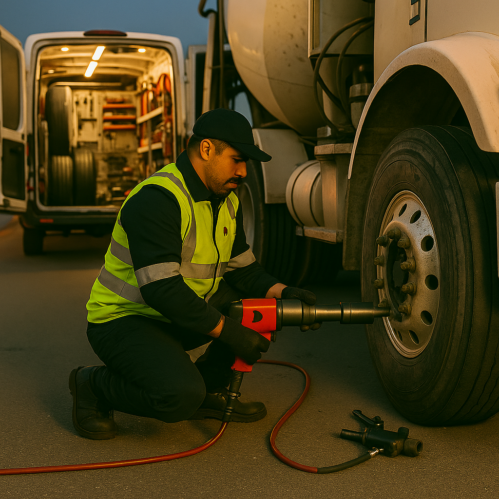 A mechanic in a safety vest kneels next to a large truck tire, using a power tool to loosen lug nuts during roadside assistance. A service van with its rear doors open and equipment inside is parked nearby at dusk.