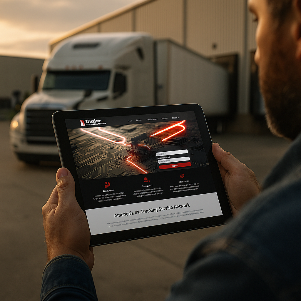 Person using tablet near truck