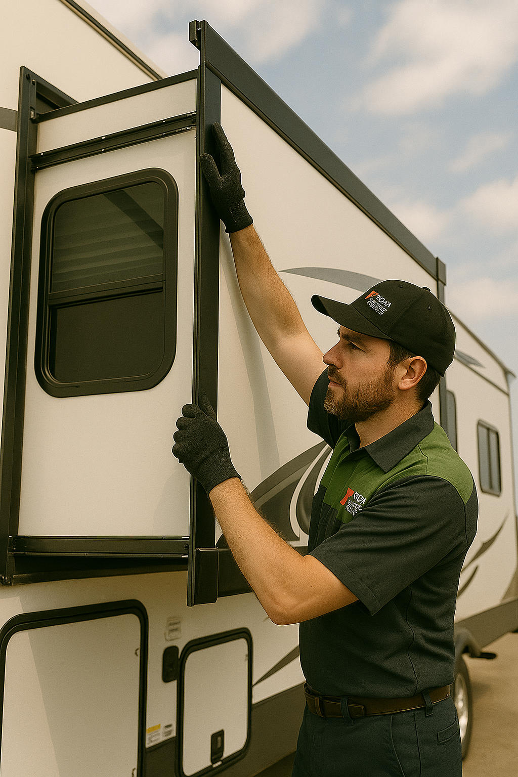 A man wearing gloves and a uniform provides roadside assistance as he adjusts the window frame of a white RV under a partly cloudy sky.