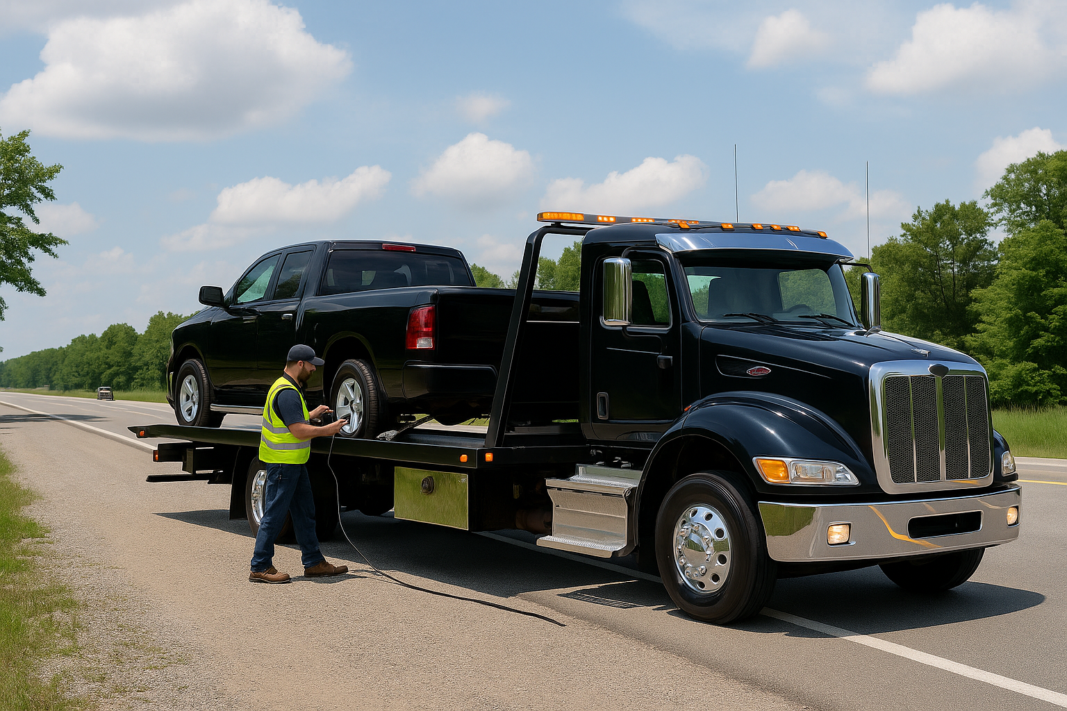 Tow truck assisting a stranded vehicle.