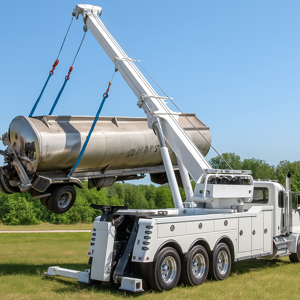 Tow truck lifting a silver tank