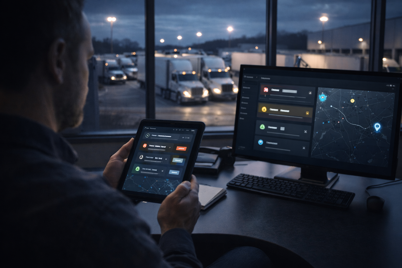 A man in an office looks at a tablet displaying logistics data, with a computer monitor showing a digital map and status notifications. Truck trailers are visible outside through large windows at dusk.