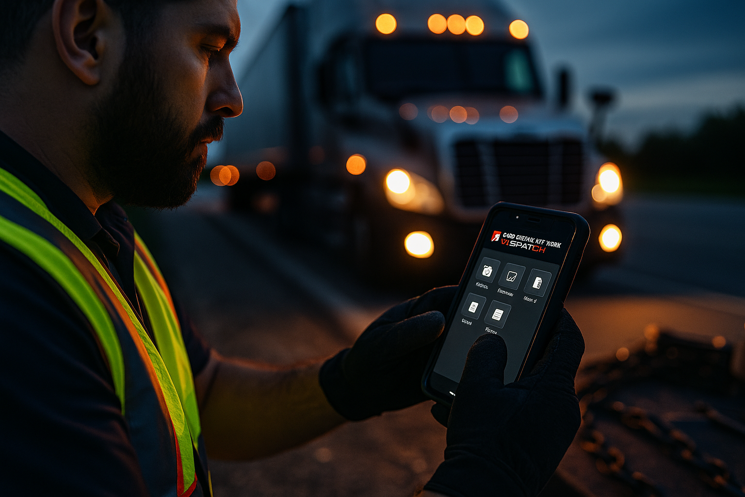 Person using mobile app by truck